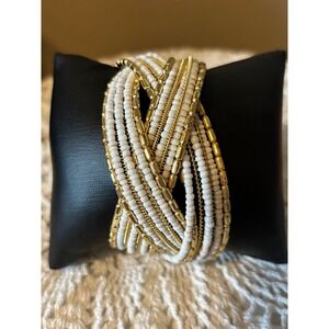 Boho White & Gold Beaded Multi-Strand Criss-Cross Cuff Bracelet Adjustable